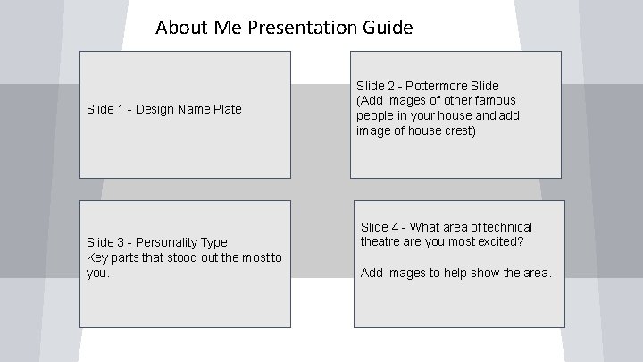 About Me Presentation Guide Slide 1 - Design Name Plate Slide 3 - Personality