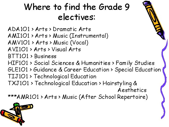 Where to find the Grade 9 electives: ADA 1 O 1 > Arts >