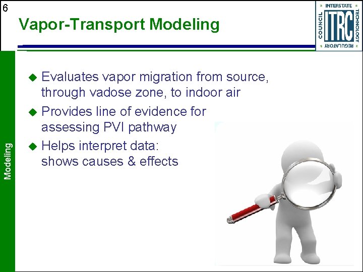 6 Vapor-Transport Modeling Evaluates vapor migration from source, through vadose zone, to indoor air 6 Vapor-Transport Modeling Evaluates vapor migration from source, through vadose zone, to indoor air