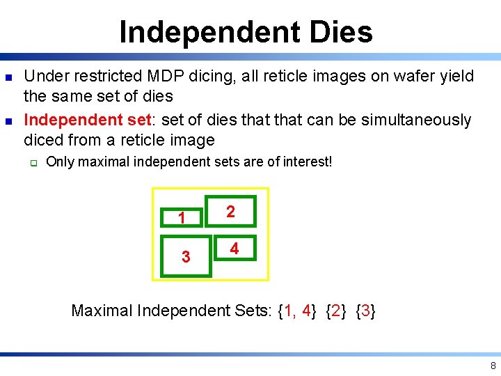 Independent Dies n n Under restricted MDP dicing, all reticle images on wafer yield