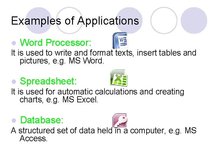 Examples of Applications ● Word Processor: It is used to write and format texts,