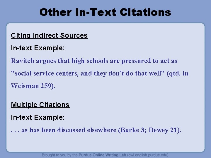 Other In-Text Citations Citing Indirect Sources In-text Example: Ravitch argues that high schools are