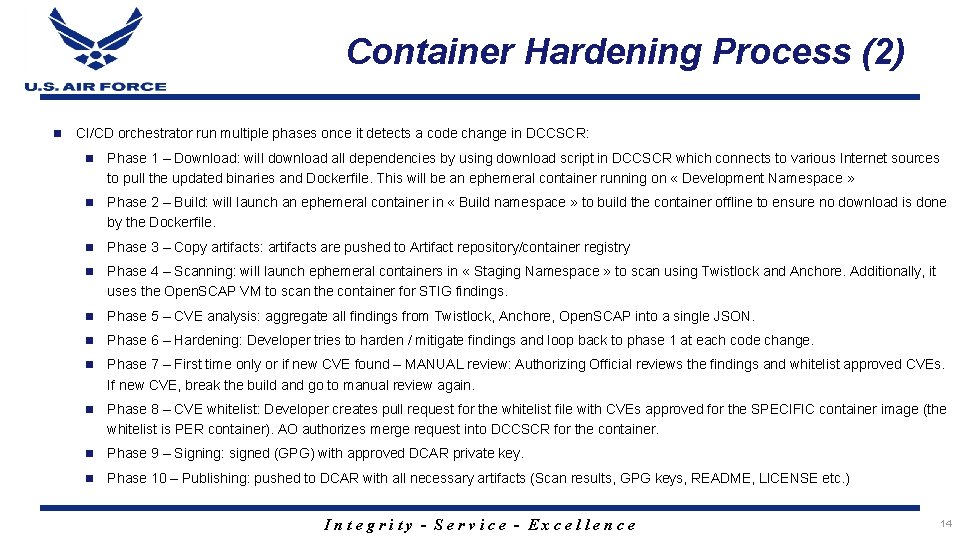 Container Hardening Process (2) n CI/CD orchestrator run multiple phases once it detects a