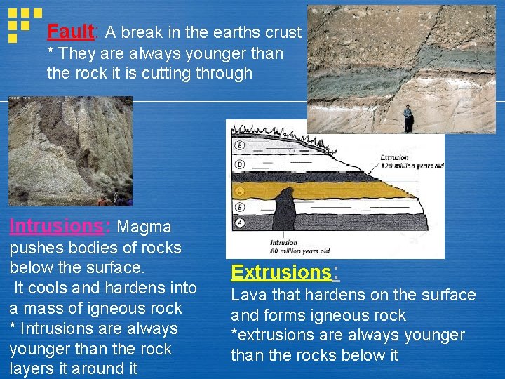 Fault: A break in the earths crust * They are always younger than the Fault: A break in the earths crust * They are always younger than the