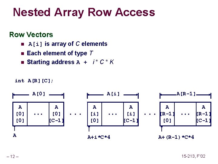 Nested Array Row Access Row Vectors n n n A[i] is array of C