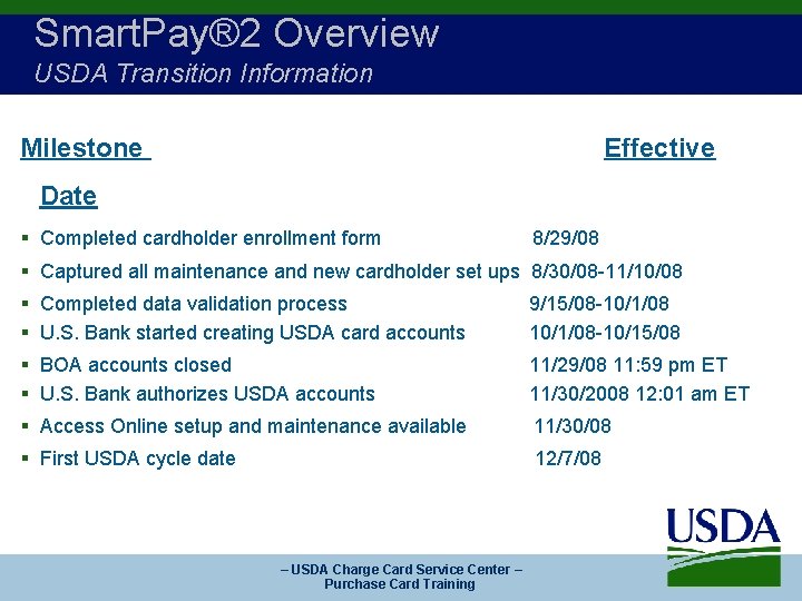 Smart. Pay® 2 Overview USDA Transition Information Milestone Effective Date § Completed cardholder enrollment