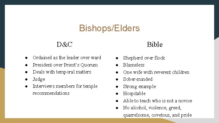 Bishops/Elders Bible D&C ● ● ● Ordained as the leader over ward President over