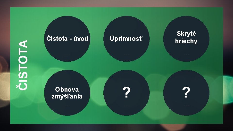 ČISTOTA Čistota - úvod Úprimnosť Skryté hriechy Obnova zmýšľania ? ? 