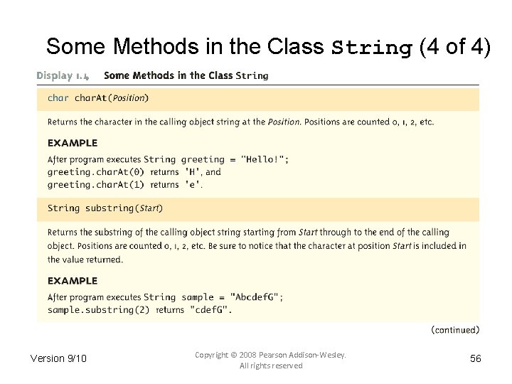 Some Methods in the Class String (4 of 4) Version 9/10 Copyright © 2008