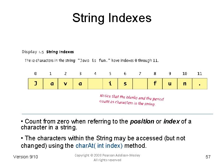 String Indexes • Count from zero when referring to the position or index of