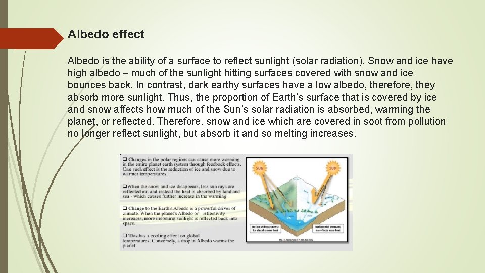 Albedo effect Albedo is the ability of a surface to reflect sunlight (solar radiation).