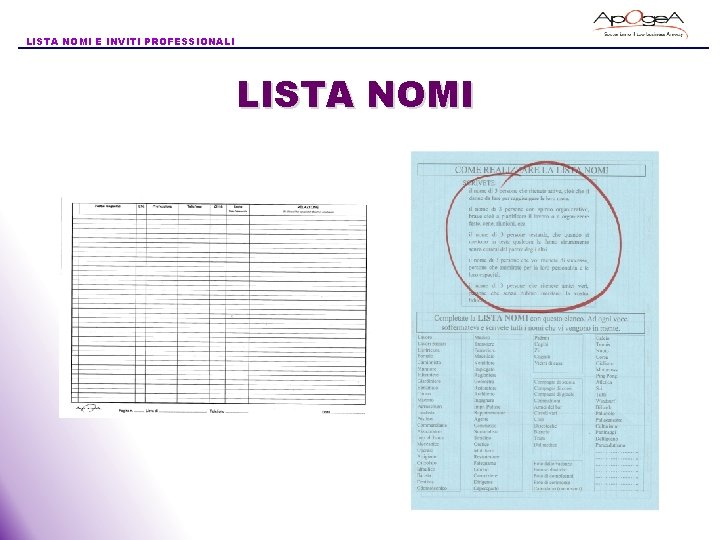 LISTA NOMI E INVITI PROFESSIONALI LISTA NOMI 