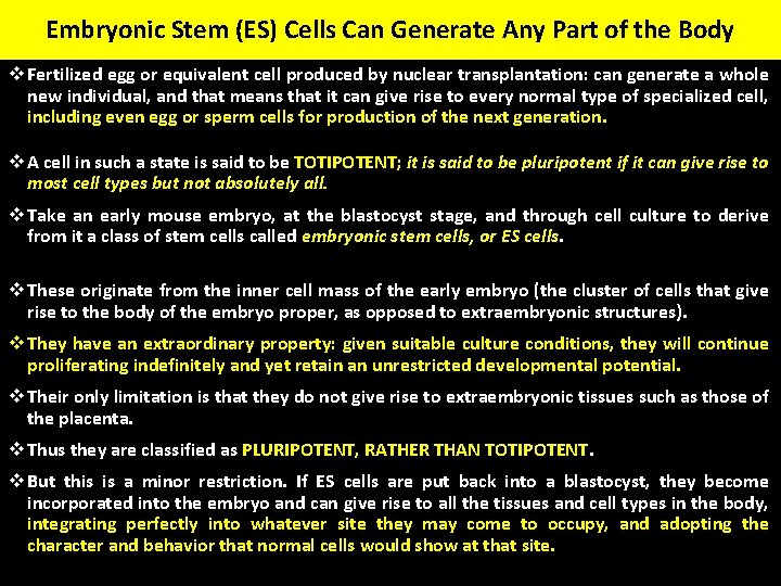 Embryonic Stem (ES) Cells Can Generate Any Part of the Body v Fertilized egg