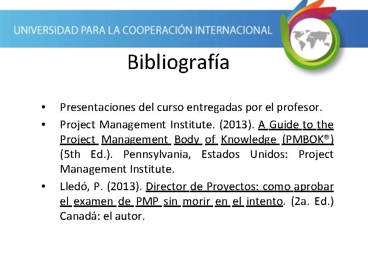 Bibliografía • • • Presentaciones del curso entregadas por el profesor. Project Management Institute.