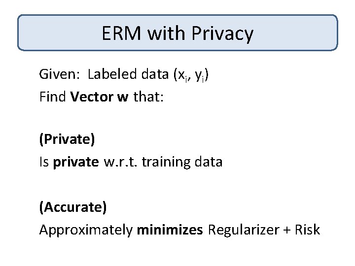 ERM with Privacy Given: Labeled data (xi, yi) Find Vector w that: (Private) Is