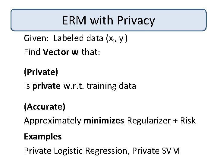 ERM with Privacy Given: Labeled data (xi, yi) Find Vector w that: (Private) Is