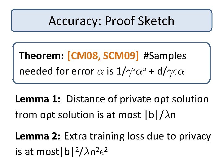 Accuracy: Proof Sketch Theorem: [CM 08, SCM 09] #Samples needed for error ® is