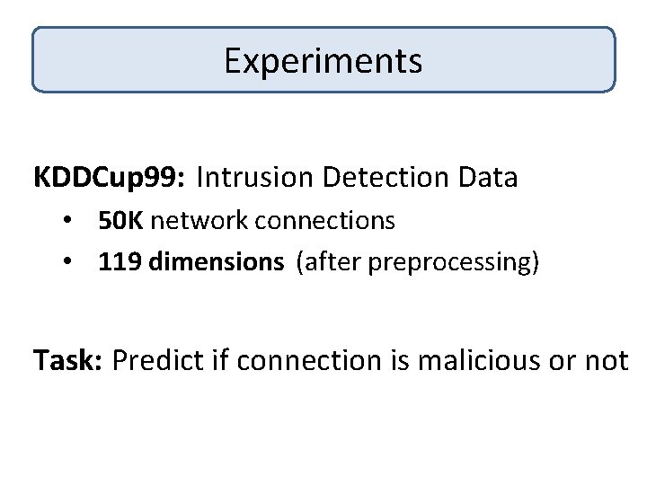 Experiments KDDCup 99: Intrusion Detection Data • 50 K network connections • 119 dimensions