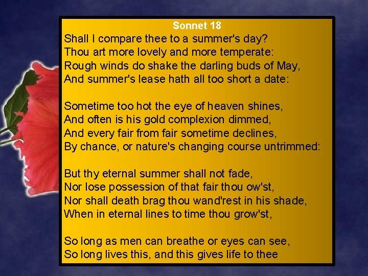 Sonnet 18 Shall I compare thee to a summer's day? Thou art more lovely