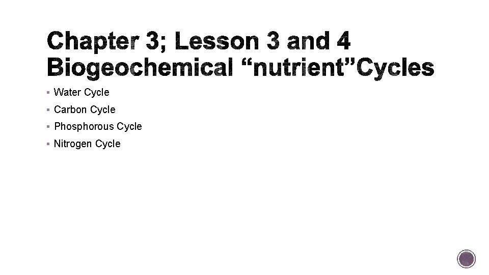 § Water Cycle § Carbon Cycle § Phosphorous Cycle § Nitrogen Cycle 