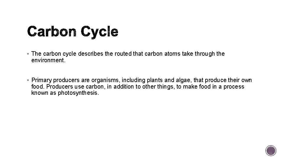 § The carbon cycle describes the routed that carbon atoms take through the environment.