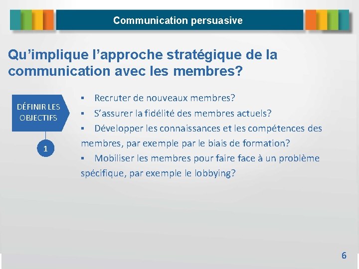 Communication persuasive Qu’implique l’approche stratégique de la communication avec les membres? DÉFINIR LES OBJECTIFS