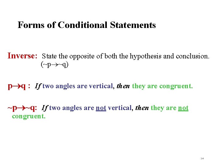 Forms of Conditional Statements Inverse: State the opposite of both the hypothesis and conclusion.