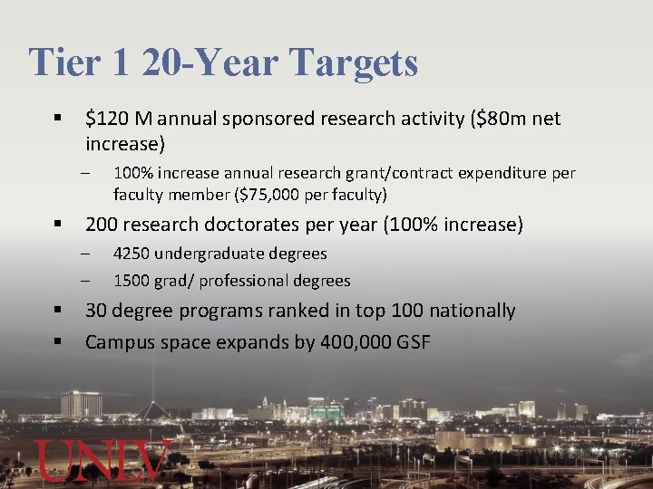 Tier 1 20 -Year Targets § $120 M annual sponsored research activity ($80 m