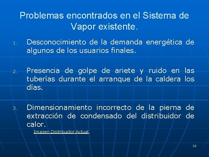 Problemas encontrados en el Sistema de Vapor existente. 1. 2. 3. Desconocimiento de la