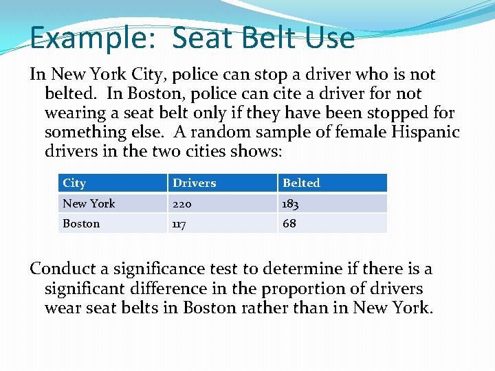 Example: Seat Belt Use In New York City, police can stop a driver who