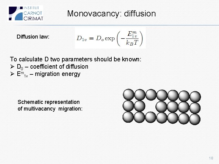 Monovacancy: diffusion Diffusion law: To calculate D two parameters should be known: Ø D