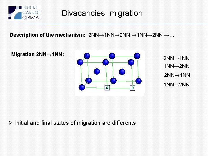Divacancies: migration Description of the mechanism: 2 NN→ 1 NN→ 2 NN →… Migration