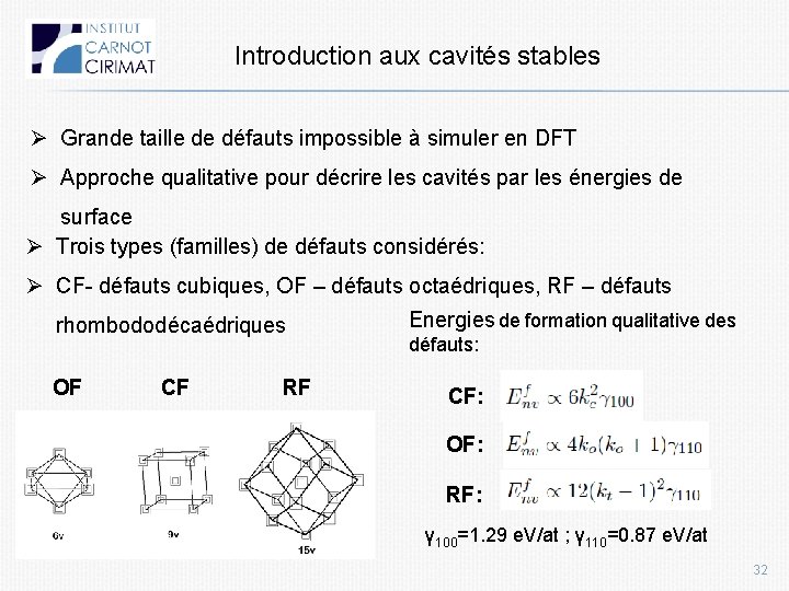 Introduction aux cavités stables Ø Grande taille de défauts impossible à simuler en DFT