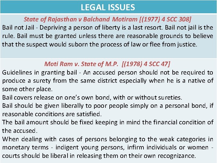 LEGAL ISSUES State of Rajasthan v Balchand Motiram [(1977) 4 SCC 308] Bail not