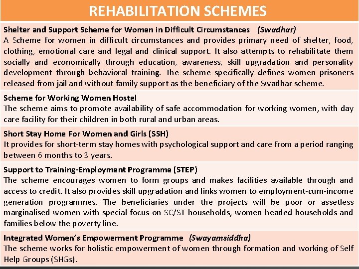 REHABILITATION SCHEMES Shelter and Support Scheme for Women in Difficult Circumstances (Swadhar) A Scheme