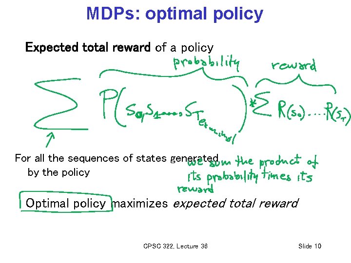 MDPs: optimal policy Expected total reward of a policy For all the sequences of