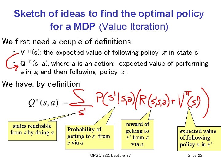 Sketch of ideas to find the optimal policy for a MDP (Value Iteration) We