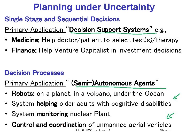 Planning under Uncertainty Single Stage and Sequential Decisions Primary Application “Decision Support Systems” e.