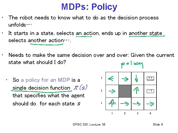 MDPs: Policy • The robot needs to know what to do as the decision