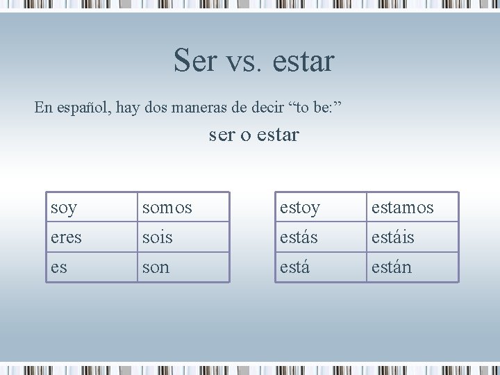 Ser vs. estar En español, hay dos maneras de decir “to be: ” ser