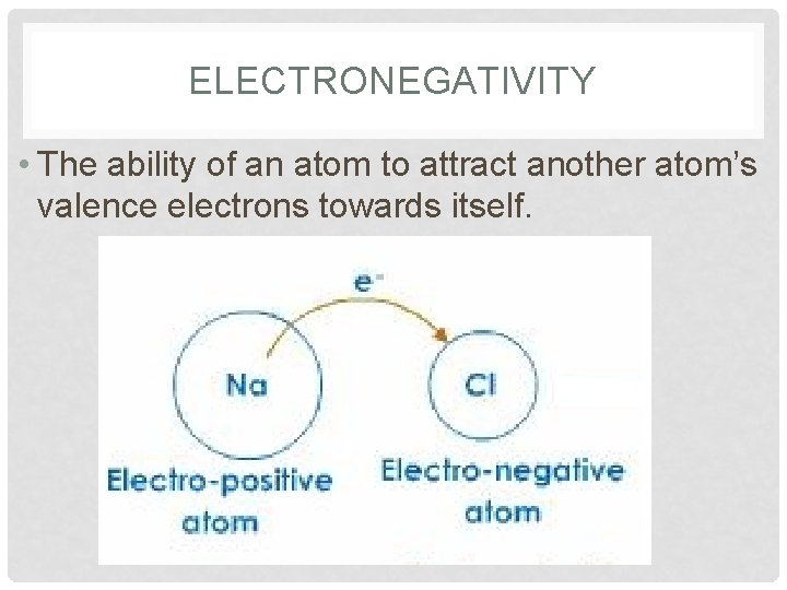 ELECTRONEGATIVITY • The ability of an atom to attract another atom’s valence electrons towards