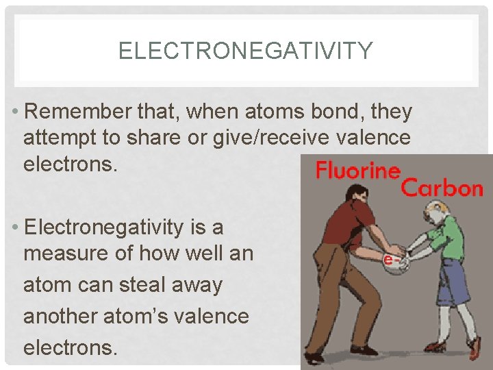 ELECTRONEGATIVITY • Remember that, when atoms bond, they attempt to share or give/receive valence