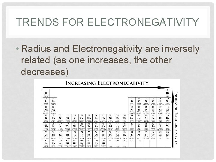 TRENDS FOR ELECTRONEGATIVITY • Radius and Electronegativity are inversely related (as one increases, the