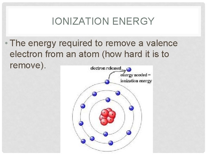 IONIZATION ENERGY • The energy required to remove a valence electron from an atom