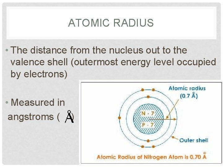 ATOMIC RADIUS • The distance from the nucleus out to the valence shell (outermost