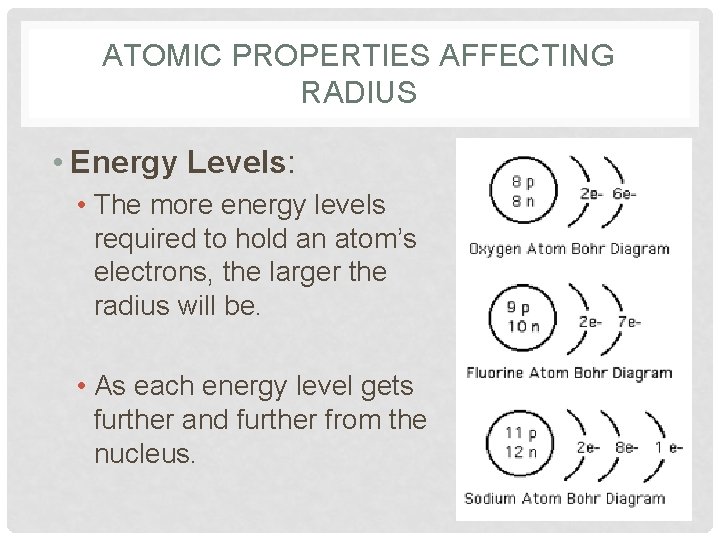 ATOMIC PROPERTIES AFFECTING RADIUS • Energy Levels: • The more energy levels required to