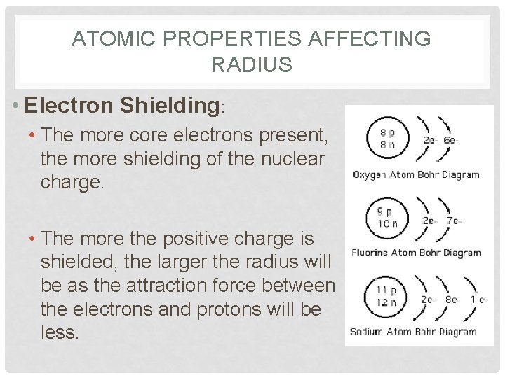 ATOMIC PROPERTIES AFFECTING RADIUS • Electron Shielding: • The more core electrons present, the