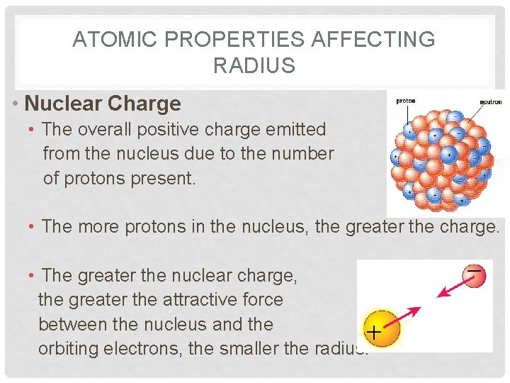 ATOMIC PROPERTIES AFFECTING RADIUS • Nuclear Charge • The overall positive charge emitted from