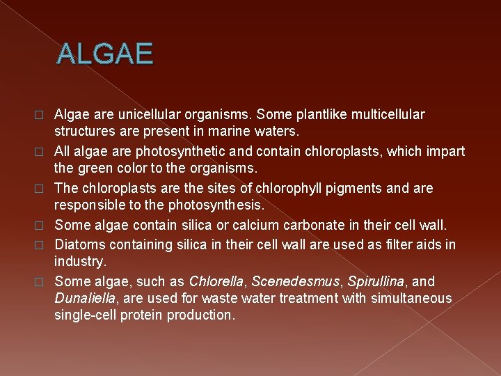 ALGAE � � � Algae are unicellular organisms. Some plantlike multicellular structures are present