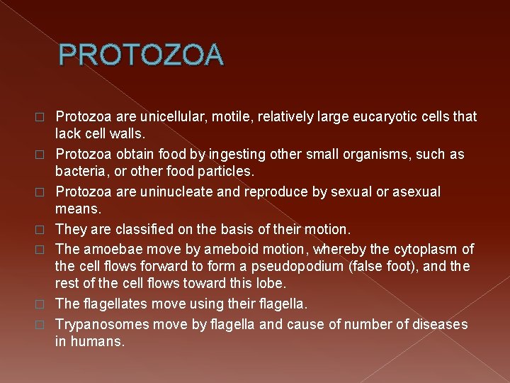 PROTOZOA � � � � Protozoa are unicellular, motile, relatively large eucaryotic cells that